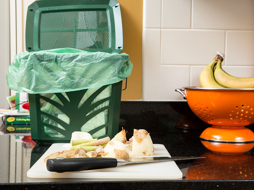 kitchen pail with cutting board and food scraps in front of it