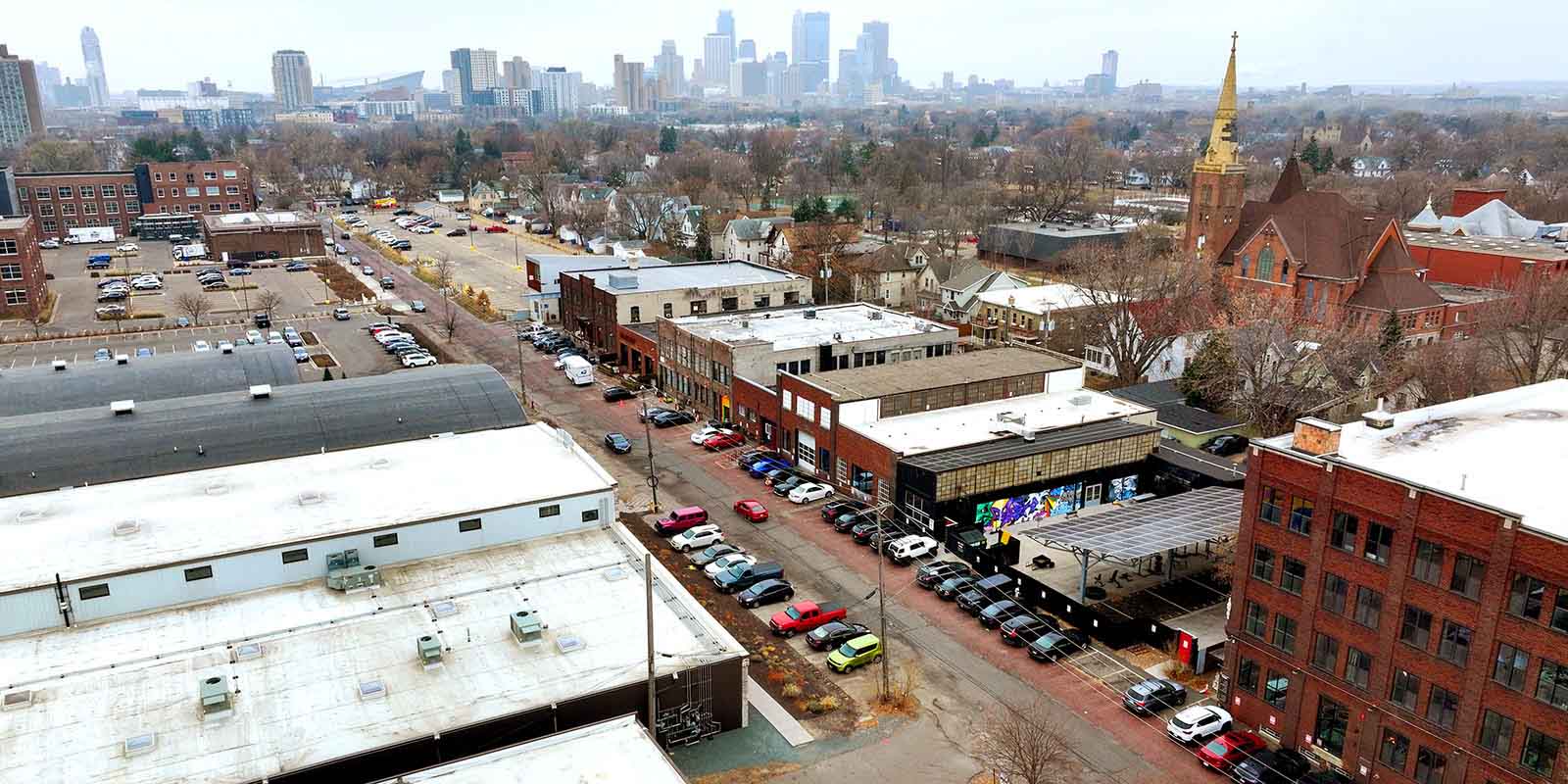 Aerial photo of Quincy St and the Logan Park neighborhood in Northeast Minneapolis