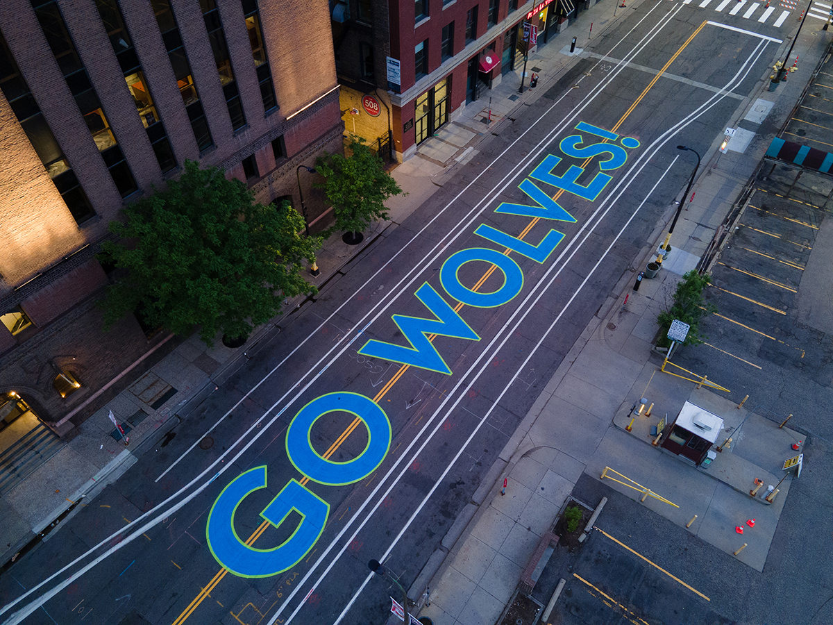 First Avenue painted "Go Wolves!" in Minnesota Timberwolves blue and green