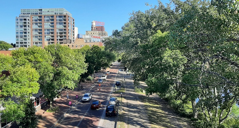 Overhead view of street with trees, buildings, and vehicles