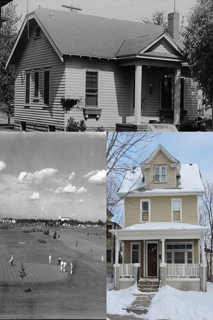 Collage of images including two houses and a golf course