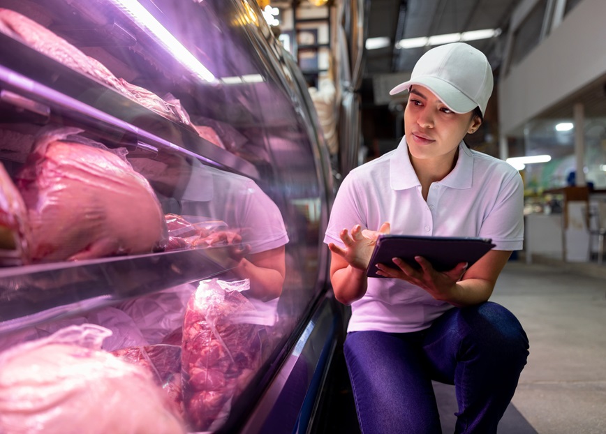 Restaurant worker checking refrigerated food temperature